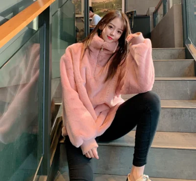 pink Пальто из искусственного меха большого размера, женские зимние пуловеры, Женская куртка из искусственного меха размера плюс, пушистая куртка, женская розовая плюшевая куртка большого размера BF - Цвет: pink