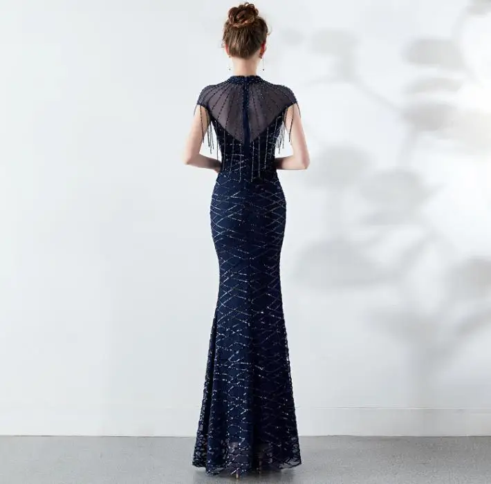 SVKSBEVS O Neck Sequined Gradient Color Mermaid Long Dresses Elegant Party Bodycon Crystal Chain Backless Maxi Dress