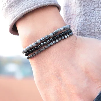 

3 Pcs/Set 4mm Small Stone Beads Skull Bracelet Handmade Hematite Mens Bracalete Set For Male Jewelry Homme Pulsera