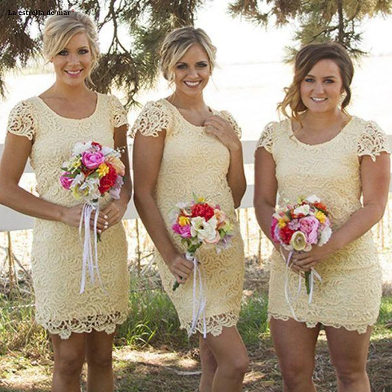 Vestido para festa de casamento новое из кружева, с вырезом на шее короткий рукав светло-желтое Сексуальное платье подружки невесты с юбкой-годе Короткое свадебное платье для гостей