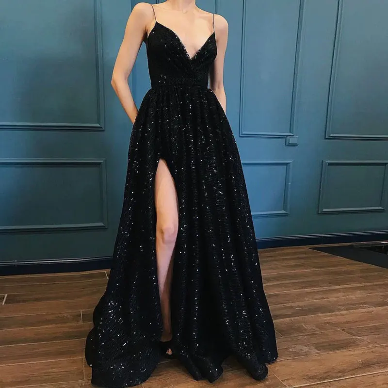 Black V neck Prom party evening dresses vestido de noiva sereia robe de soiree vestido novia playa formal pockets sexy side slit