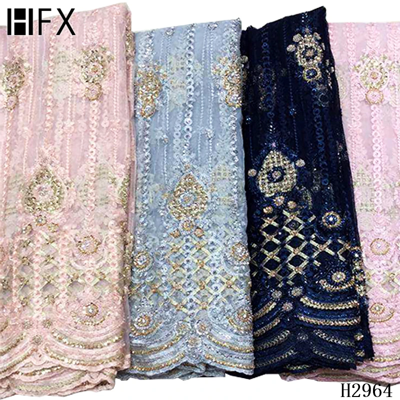 

HFX French Net Lace Fabric 2019 Latest African Lace Fabric With Embroidery Heavy Beaded Lace Fabric for Nigerian Wedding F2964
