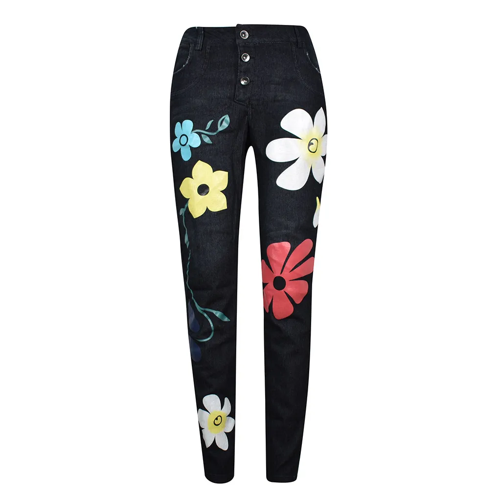 Jaycosin осенние модные женские повседневные свободные джинсы с принтом, джинсовые обтягивающие Стрейчевые брюки с карманами, женские широкие эластичные джинсы 11#4