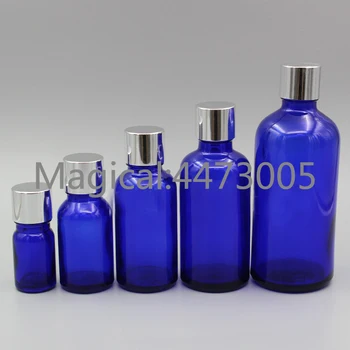 

2/10pcs 5ml 10ml 15ml 20ml 30ml 50ml 100ml Blue Glass Essential Oil Bottles with Silver Aluminum Screw Cap 5 Kinds of Inner Plug