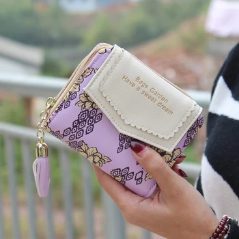 

Women Wallet Gift Casual Foldable Short Portable Printed Space Saving Storage Handheld Card Holder Square Coin Purse Button