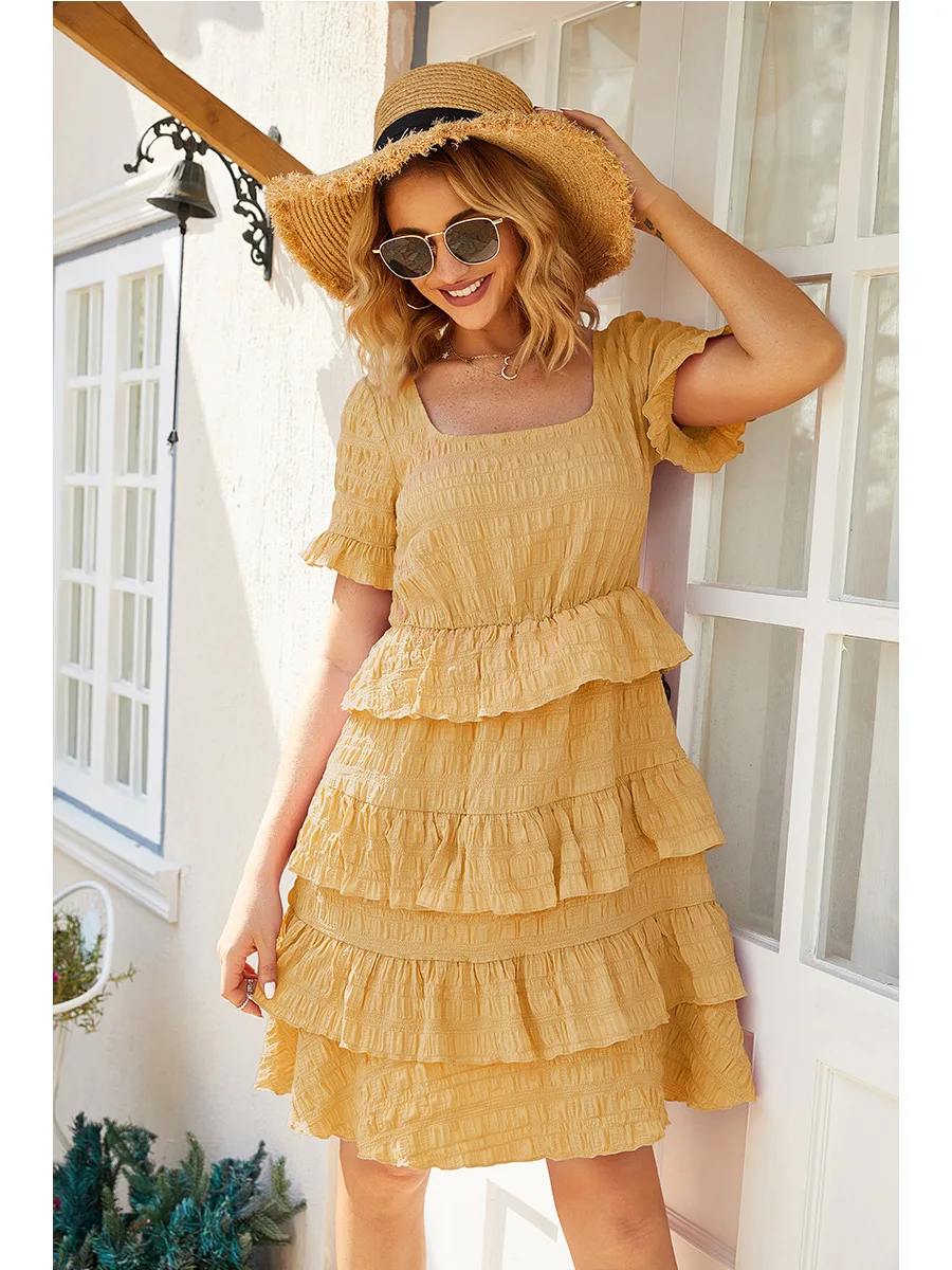 

2020 Fashion Spring and Summer Women's Dress Solid Color Square Collar Short-sleeved Ruffle Dress Casual Layer Cake Skirt Women