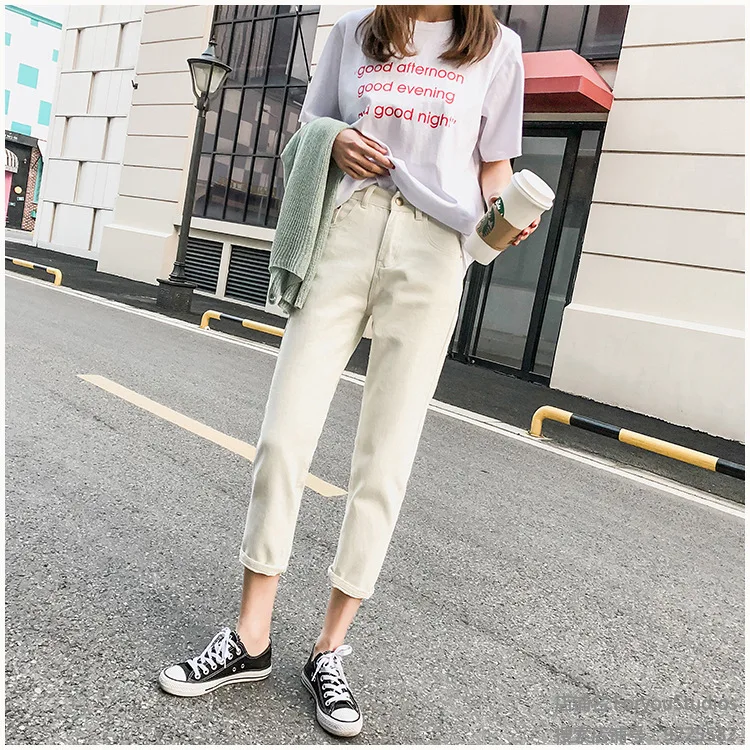 Spring And Autumn New Style Korean-style Loose-Fit Versatile Students High-waisted Straight-Cut Capri Jeans Fashion