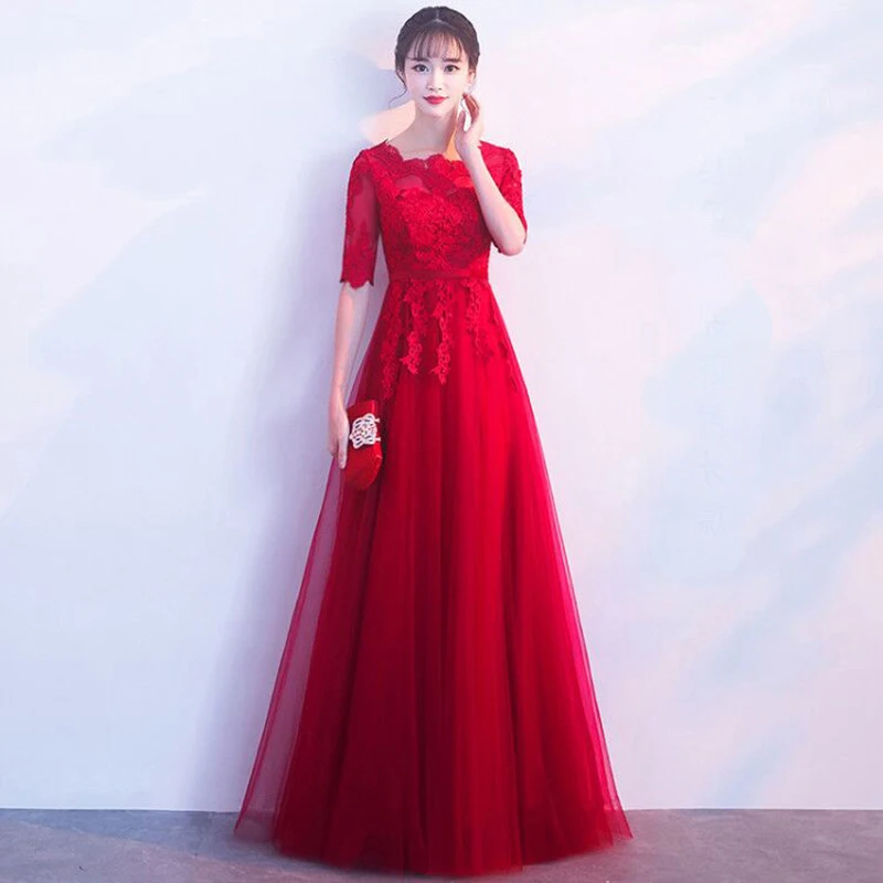 Dark Red Women Lace Long Party Dress Half Sleeve Wedding Banquet Bride Chinese style Luxury O-Neck Mesh Prom Gown Vestido XS-3XL