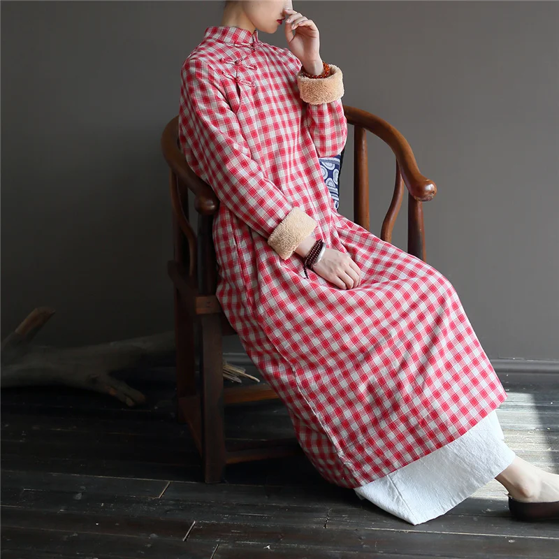 Женское винтажное платье с длинным рукавом и стоячим воротником, теплое платье в китайском стиле, новинка, зимнее клетчатое женское платье трапециевидной формы из хлопка и льна
