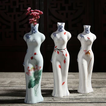 

Chinese Classical Ceramics Vases Body Art Statue Cheongsam Flower Vase Ornaments Crafts Creative Vase Desk Home Decoration