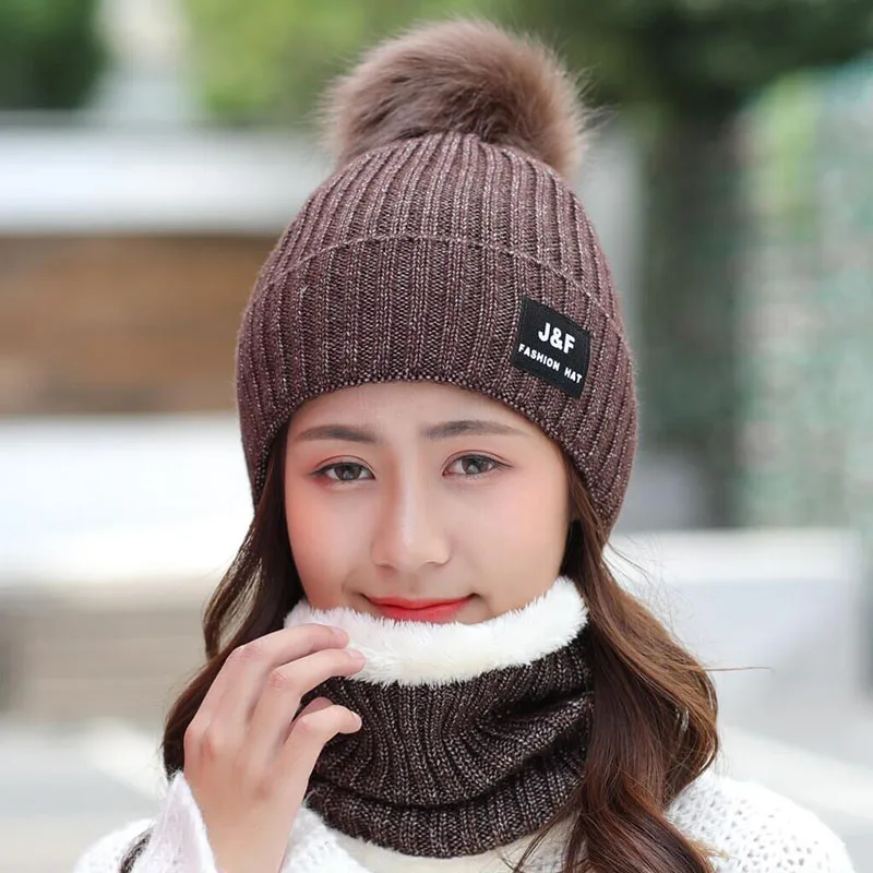 Knitted Winter Hat Scarf Set for Women Pom Pom Beanies set of hat and scarf for women Thick Warm Soft winter accessories - Цвет: brown