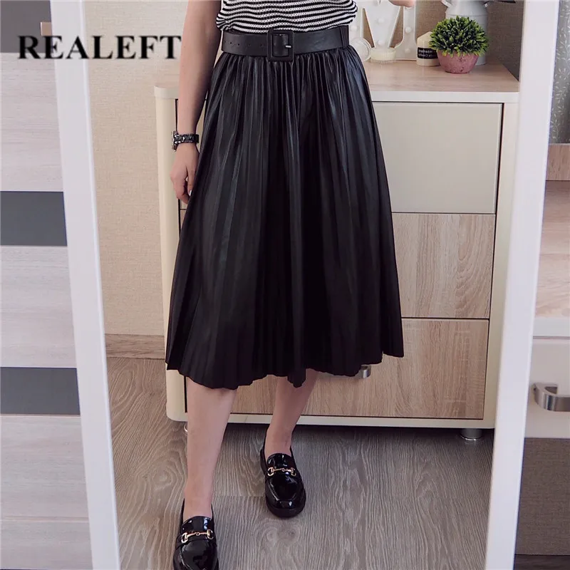 REALEFT Autumn Winter 2021 New Faux PU Leather Pleated Skirts with Belted Vintage Black High Waist All-match Midi Skirts Female yb imd series tpu phone case for xiaomi redmi note 11 4g mediatek redmi 10 4g 2021 redmi 10 2022 4g 10 prime flower patterns imd iml phone protective cover with lanyard hc001 green gardenia