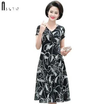 

ASLTW Chiffon Summer Dress New Fashion Short Sleeve Dresses Plus Size Vestidos V Neck Print Geometric Women's Dresses