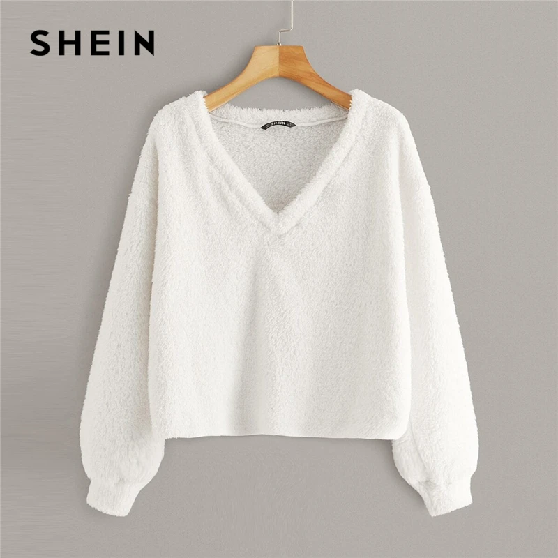 SHEIN однотонный Зимний пуловер с v-образным вырезом и спущенными плечами, женские топы, осенняя Модная одежда с длинным рукавом, Базовые Женские повседневные толстовки