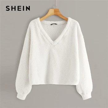 

SHEIN Solid V Neck Drop Shoulder Fuzzy Winter Pullover Women Tops Autumn Fashion Long Sleeve Basic Ladies Casual Sweatshirts