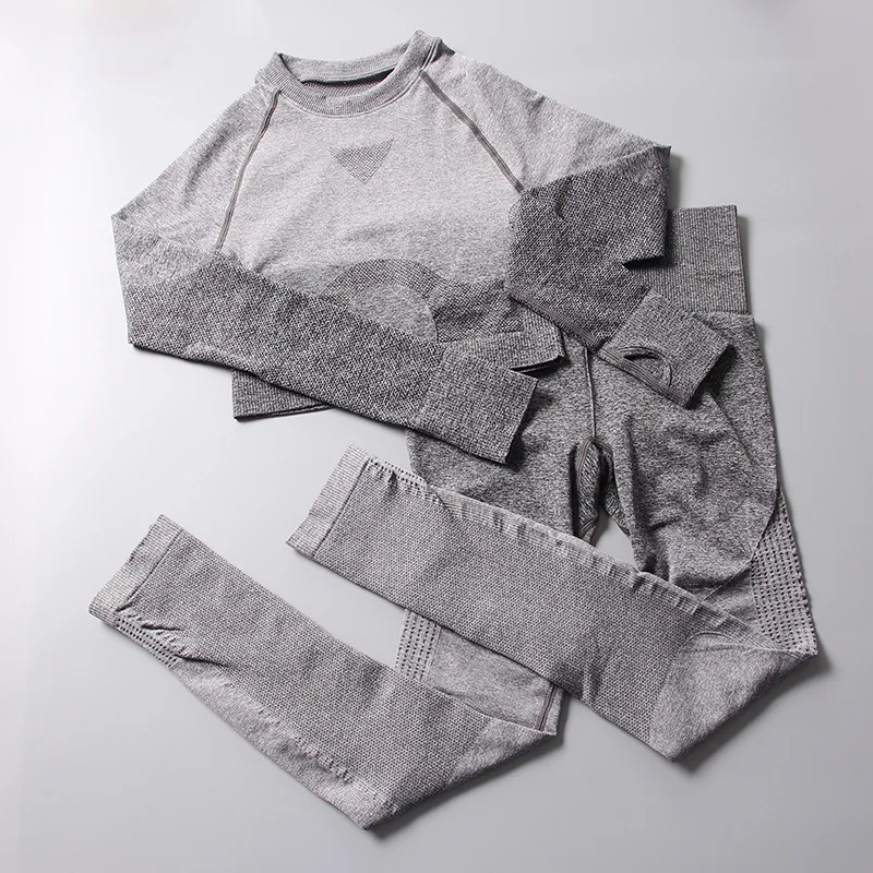 lightgrey Женский комплект для йоги, одежда для спортзала, Омбре, бесшовные леггинсы+ укороченные рубашки, спортивный костюм для тренировок, Женский комплект с длинным рукавом для фитнеса, одежда для активного отдыха - Цвет: lightgrey