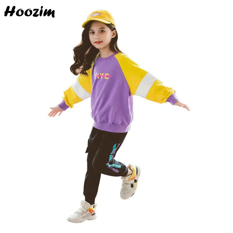 

Spring Girls Clothing Set 4-12 Years Colorblock Long Sleeve T Shirt+Letter Fitness Trousers Set Kis Fashion Sport Suit Children
