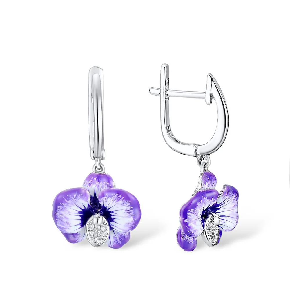 Women Elegant Temperament Flower 925 Silver Drop Necklace Handmade Purple Enamel Pendant Drop Dangle Earrings Fashion Jewelry