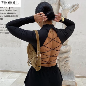 

weirdgirl womon cotton hollow out sexy tshirt bandage backless long sleeve tops Harajuku slim bodycon streetwear knitted tees