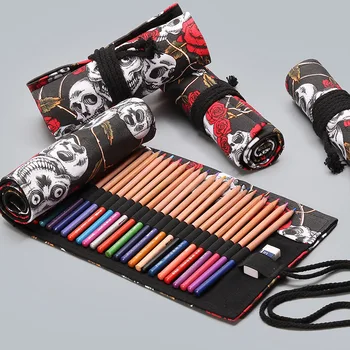 

Rose Skull Canvas Roll Pen Curtain 12/24/36/48/72 Hole Pencil Bag Boys and Girls Sketch Color Pencil Stationery Box SC221