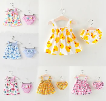 

Summer Newborn Infant Sleeveless Dress+Briefs 2 Piece Set Clothing Baby Girl Toddler Underwear Stripe Print Cute Clothes 0-24M