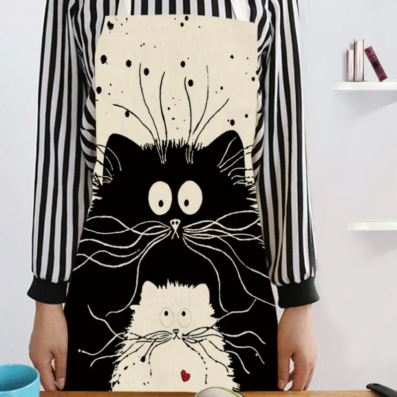 Cooking Kitchen Apron Cute Cat Printed Sleeveless Cotton Linen Apron For Woman Children
