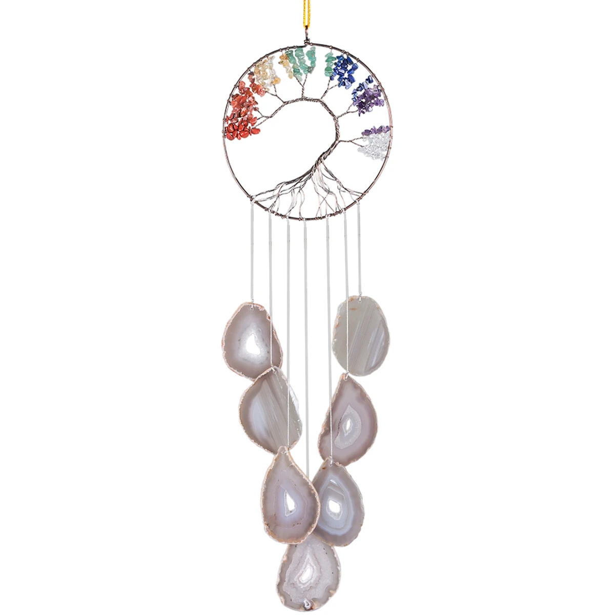 Natural Agate Slice Wind Chimes Healing 7 Chakra Tree Of Life Chip Minerals Car Wall Window Hanging Ornaments Outdoor Room Decor tumbeelluwa natural crystal stone rock quartz star moon wind chimes reiki healing amethyst wall window car hanging ornaments