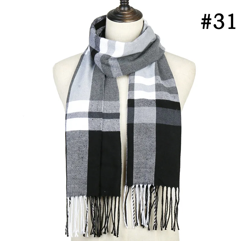Модный зимний шарф для мужчин и женщин, шарф с кисточками в клетку, Женская шаль, вязаный зимний теплый шарф унисекс, длинный женский шарф - Цвет: 31