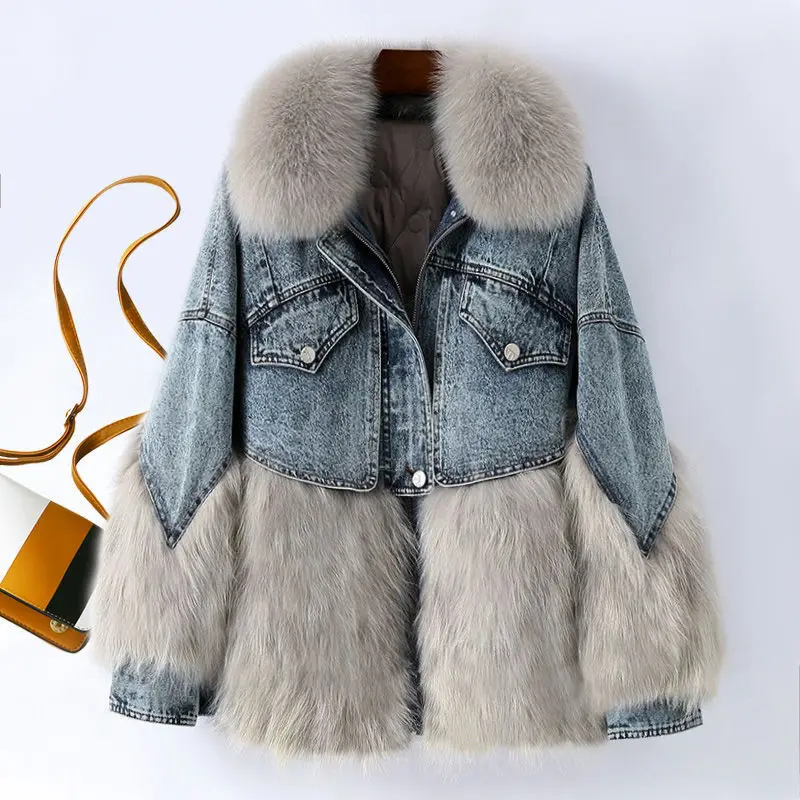 

2021 New Winter Denim Real Raccoon Fur Coat Genuine Fur Collar Autumn Women Jacket A Style Loose Plus Size High Quality