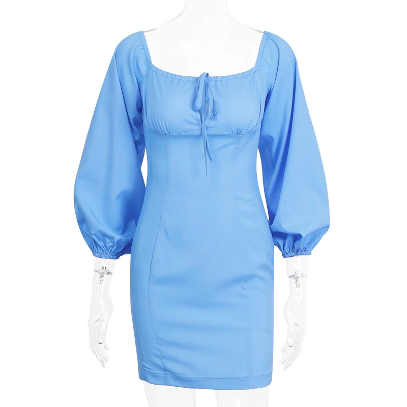 WannaThis Off Shoulder Party Dresses Women Sexy Laceup Hollow Out Autumn Long Lantern Sleeve Skinny Fashion Solid MIni Dresses