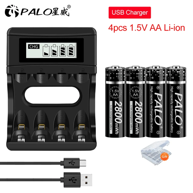 PALO 1.5V AA Battery Rechargeable 2800mWh 1.5V AA Li-ion lithium Battery aa batteries for Remote Control flashlight with Charger 4pcs and charger