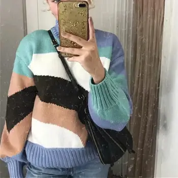 

Rainbow Turtleneck Sweaters Women Winter Autumn Jumpers Knitted Clothes Fashion Striped Oversized Pullover