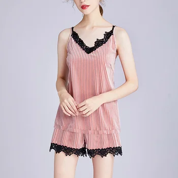 

Autumn Winter Women's Nightdress Velvet Sling Two-piece Sexy Lace Thickening Home Service Sleepwear