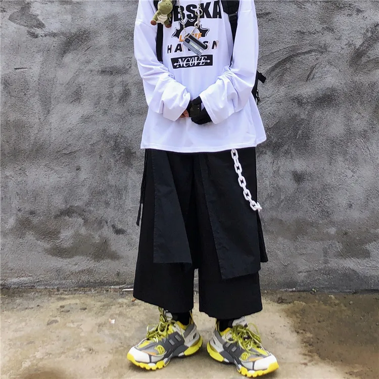 

Elastic Waistband Loose Wide Patchwork Cascading Tie Strap Punk Hip Hop Ankle Pant Korean Streetwear Harajuku Women Man Short