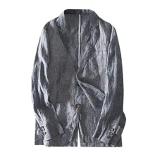 KLV мужской костюм, куртка, Мужская, приталенная, льняная, смешанная, с карманами, в полоску, с длинными рукавами, костюмы, Блейзер, пиджак, верхняя одежда, костюм,, D4