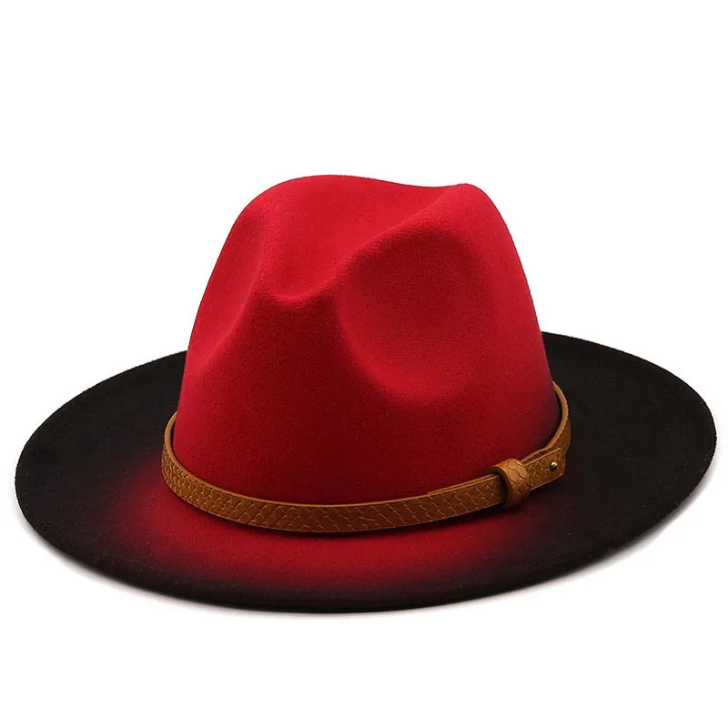 

Hot Women Men Wool Vintage Trilby Felt Fedora Hat With Wide Brim Gentleman Elegant Gradient Color For Lady Winter Red Jazz Caps