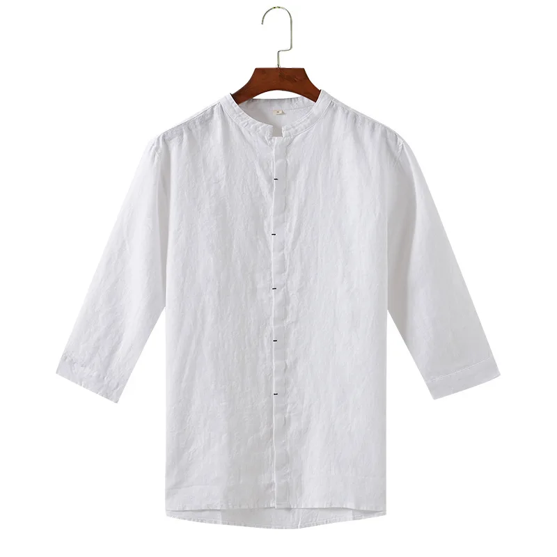 

Summer Flax Men Japanese-style Stand Collar Capri Shirt Half-sleeve Shirt Shirt Casual Cotton Linen 13