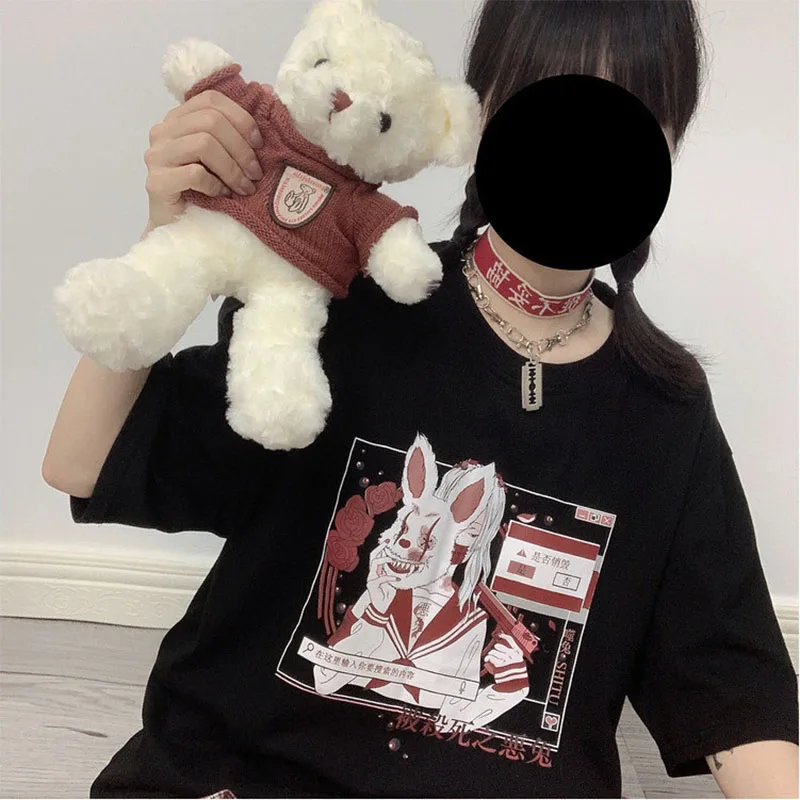 women Summer tee tops Goth Kawaii рубашка женская shirt clothes clothing top E-Girl Harajuku style cartoon cute print T-shirt