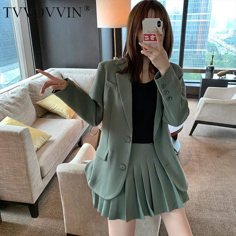 TVVOVVINSolid Color Single-breasted Belt Long-sleeved Blazer Pleated Skirt Woman Suit Casual Fashion Autumn New F134