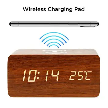 

LBER Alarm Clock With For Qi Wireless Charging Pad Compatible With For Iphone Samsung Wood Led Digital Clock Sound Control Funct