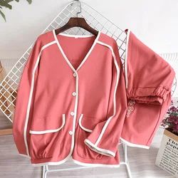 Japanese New Spring and Autumn Ladies V-neck Cotton Suit Simple Long-sleeved Knitted Pajamas Home Service Autumn and Winter