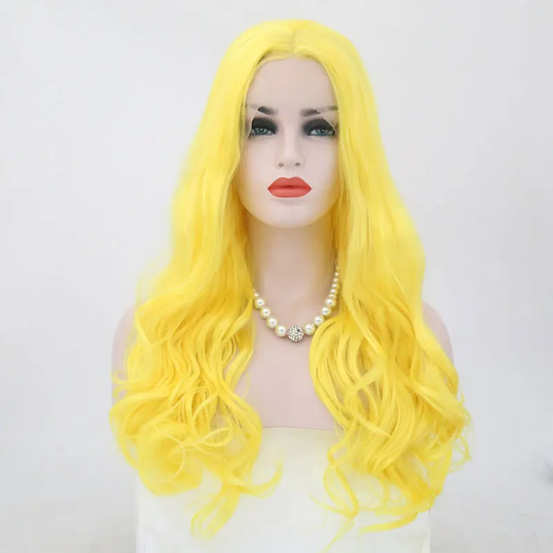 BM Light Yellow Loose Wave Synthetic 13*4 Lace Front Wig Heat Resistant Fiber Hair Natural Hairline Middle Parting For Women Wig