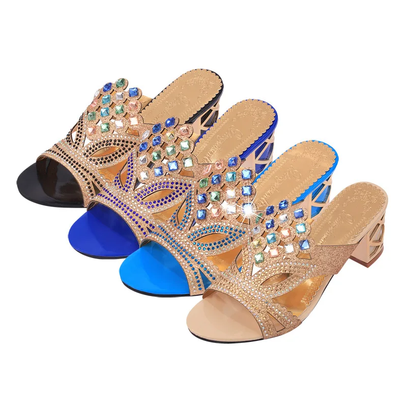 

Summer High Heels Women Peep Toe Crystal Slippers Women Heels Sandals Sexy Comfortable Chunky Heels Lady Slippers Female Mules