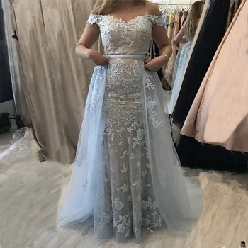 

Off The Shoulder Muslim Evening Dresses A-line Tulle Appliques Beaded Dubai Saudi Arabia Long Evening Gown Prom Dress