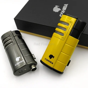 

COHIBA Fashion Smoking Accessories Metal Windproof Cigar Cigarette Lighter 3 Torch Jet Flame Refillable With Punch Gift Box