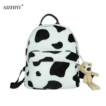 

Women Plush Backpack School Shoulder Bag Animal Cow Zebra Pattern Travel Rucksack Lady Student Bagpack