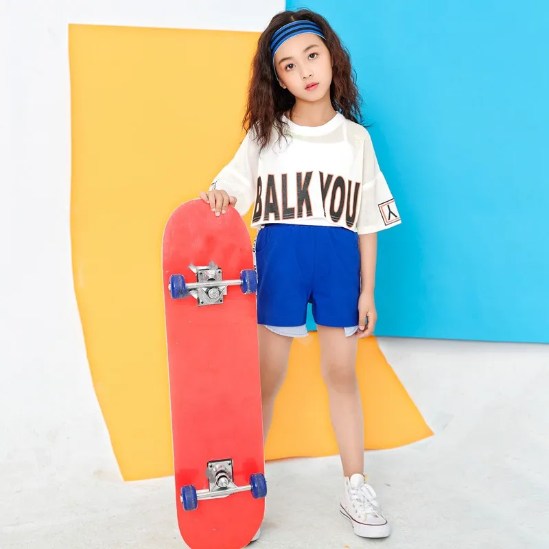 Children White Jazz Dance Costumes Girls Letter Crop Top Blue Shorts Dance Sets Hip Hop Modern Party Stage Outfits (20)