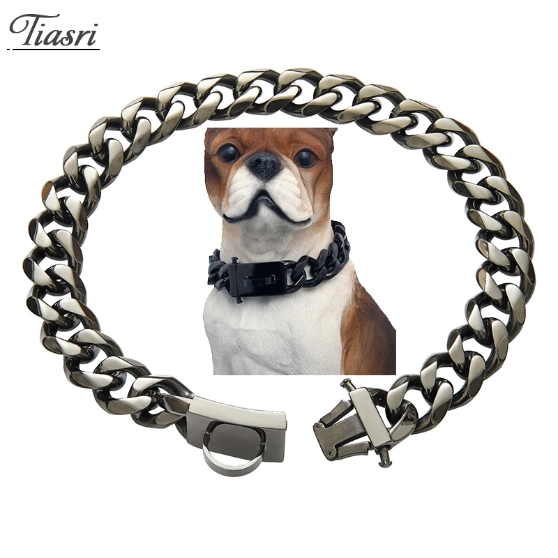 

19mm Black Color Stainless Steel Dog Chain Collar Choker Cuban Style Chain Convenient to Lock High Polished Wholesale and Retail