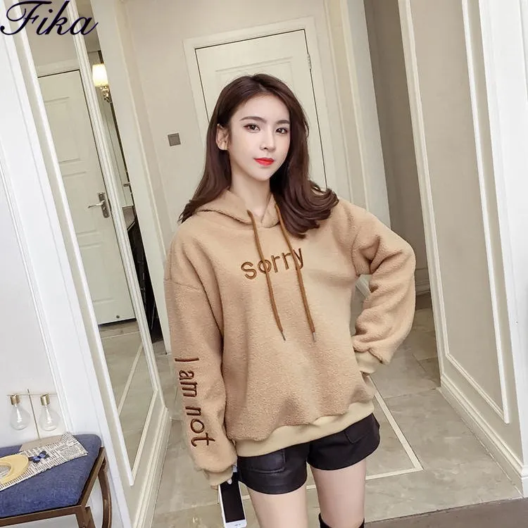 

Letter Embroidery Suede Hoodie Ladies Autumn and Winter Hooded Sweatshirt Student Loose Long Sleeve Pullover
