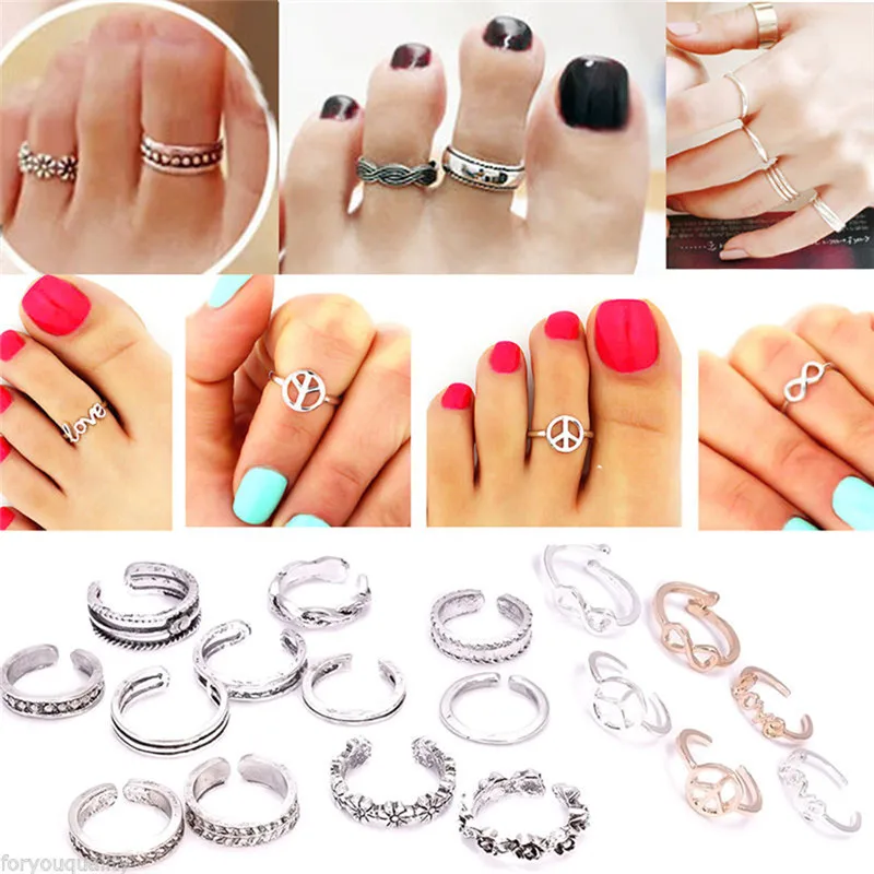12-piece rings Lady Unique adjustable opening Fingerring Retro carved Foot Beach foot jewelry